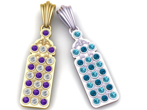 Liontin Batu Permata Persegi Panjang Mewah dengan Model Perhiasan 3D Aksen Ruby Aquamarine Model Cetak 3D