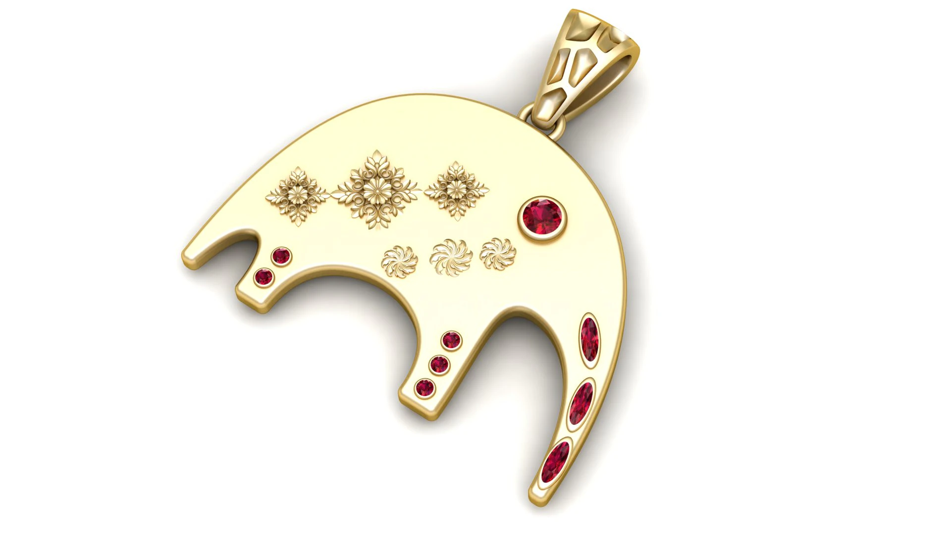 Ornate Crescent Gold Pendant with Ruby Stone Inlays Luxury Jewelry Design 3D Print Model .c4d .max .obj .3ds .fbx .stl .blend 