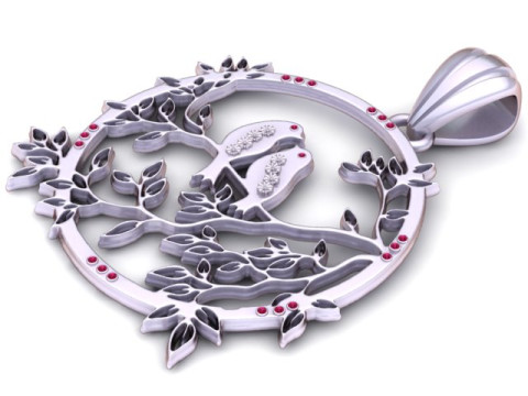 Liontin Pohon Kehidupan Love Birds dengan Aksen Ruby Desain Perhiasan Emas Elegan Model Cetak 3D