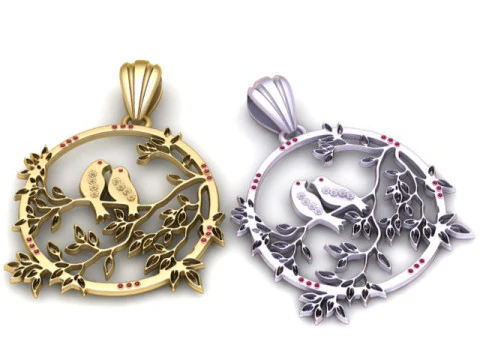 Love Birds Tree of Life Pendant with Ruby Accents Elegant Gold Jewelry Design 3D Print Model
