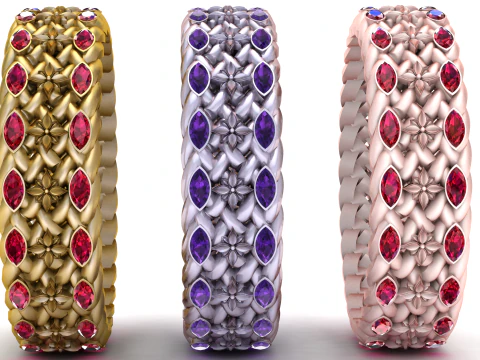 Ruby Cuban Link Ring Luxury Floral Gemstone Statement Band 3D Print Model