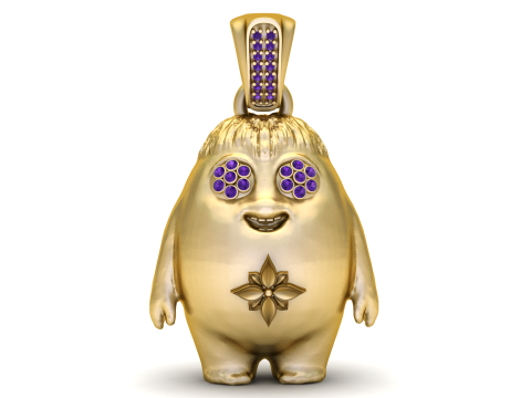 Leuke gouden fantasiekarakterhanger met paarse edelsteenogen 3D-afdrukbaar sieradenmodel 3D printmodel