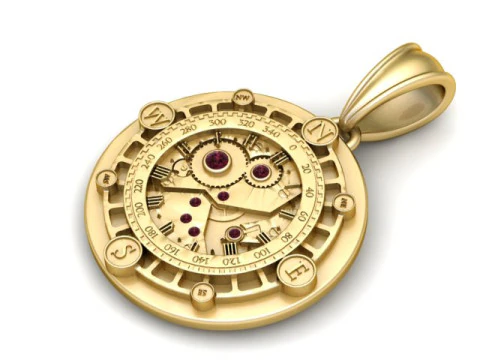 Colgante de brújula mecánica de lujo con detalles de piedras preciosas Modelo de joyería imprimible en 3D Modelo de impresión 3D