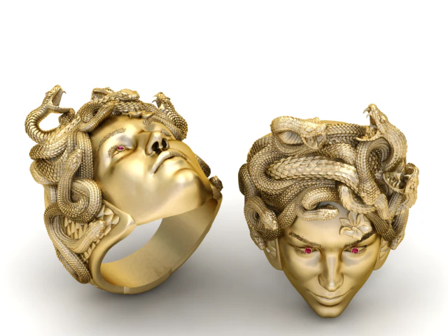 Medusa Serpent-Inspired Gold Ring with Red Gemstone Eyes 3D Print Model .c4d .max .obj .3ds .fbx .stl .blend 