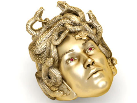 Medusa Serpent-Inspired Gold Ring with Red Gemstone Eyes 3D Print Model