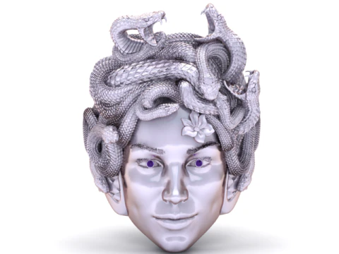 Medusa Serpent-Inspired Gold Ring with Red Gemstone Eyes 3D Print Model