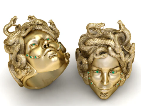ターコイズ宝石と詳細な蛇の冠が付いたメドゥーサ サーペント リング 3Dプリントモデル