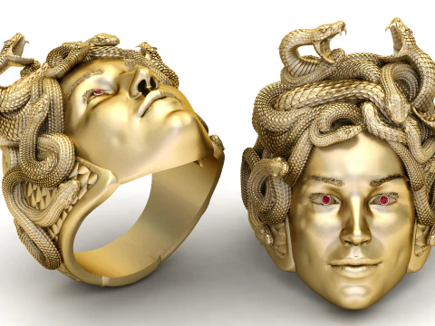 Medusa Serpent Ring with Red Gemstones and Detailed Snake Design 3D Print Model
