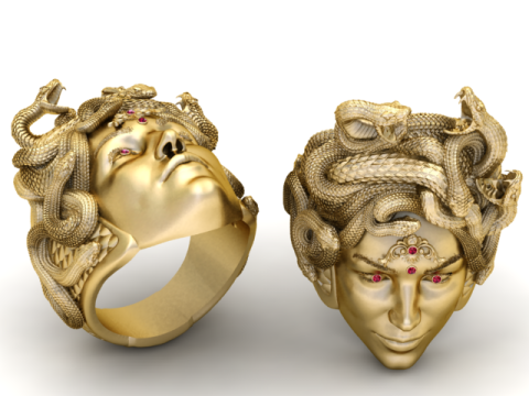 Pierścionek z wężem Meduzy z czerwonymi kamieniami szlachetnymi i misterną koroną węża Model do druku 3D