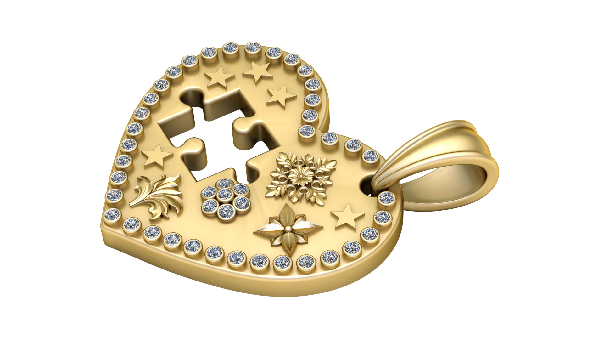 Elegant Heart-Shaped Puzzle Pendant with Diamond Detailing 3D Print Model .c4d .max .obj .3ds .fbx .stl .blend