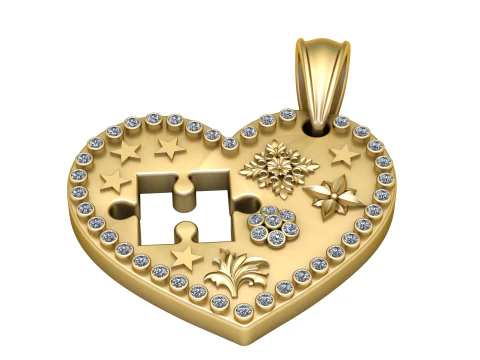 Elegant Heart-Shaped Puzzle Pendant with Diamond Detailing 3D Print Model