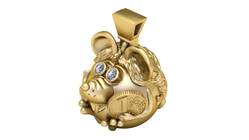 Golden Mouse Pendant with Diamond Eyes and Coin Detail 3D Print Model .c4d .max .obj .3ds .fbx .stl .blend