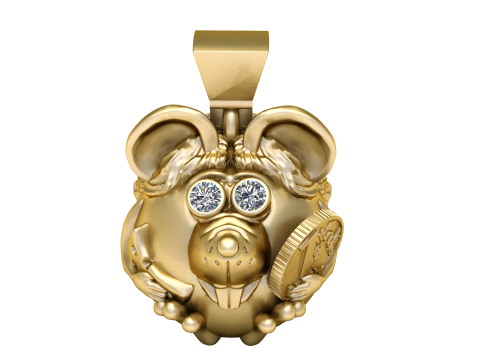 Golden Mouse Pendant with Diamond Eyes and Coin Detail 3D Print Model