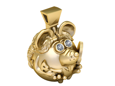 Golden Mouse Pendant with Diamond Eyes and Coin Detail 3D Print Model
