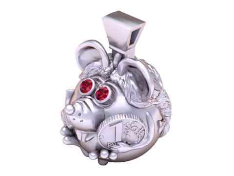 Golden Mouse Pendant with Diamond Eyes and Coin Detail 3D Print Model