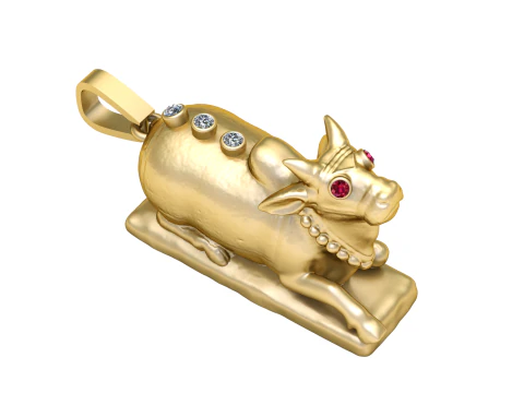 Gold Bull Pendant with Ruby Eyes and Diamond Accents 3D Print Model