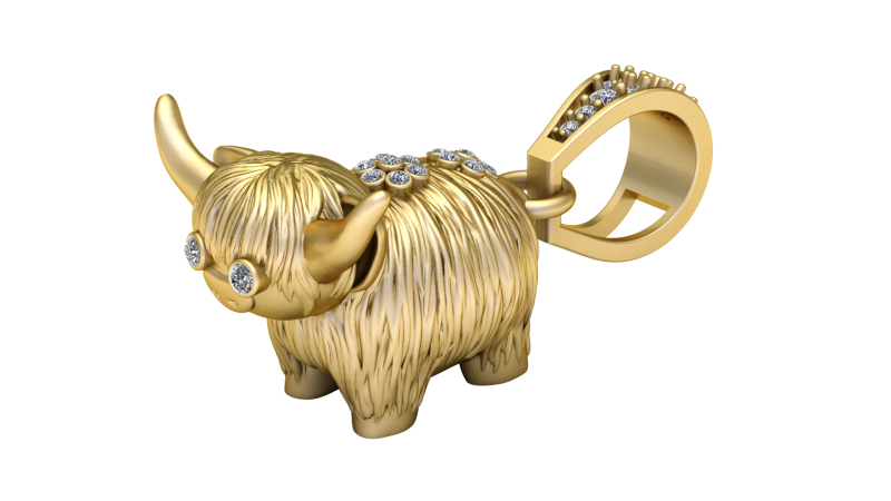 Gold Highland Cow Pendant with Diamond Eyes and Accents 3D Print Model .c4d .max .obj .3ds .fbx .stl .blend