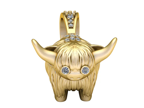 Ciondolo mucca d'oro delle Highland con occhi e accenti di diamanti Modello di stampa 3D