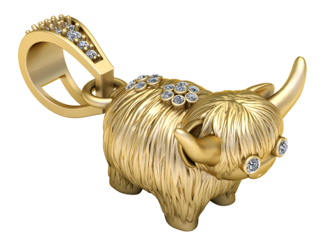 Gold Highland Cow Pendant with Diamond Eyes and Accents 3D Print Model