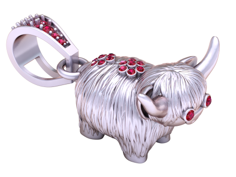 Gold Highland Cow Pendant with Diamond Eyes and Accents 3D Print Model