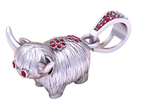 Ciondolo mucca d'oro delle Highland con occhi e accenti di diamanti Modello di stampa 3D