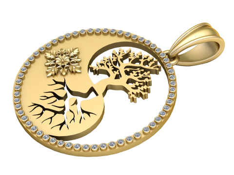 Titolo Ciondolo albero Yin-Yang con diamanti in oro Modello di stampa 3D