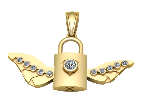 Diamond Winged Lock Pendant Luxury Gold Protection Charm 3D Printable Jewelry Model 3D Print Model