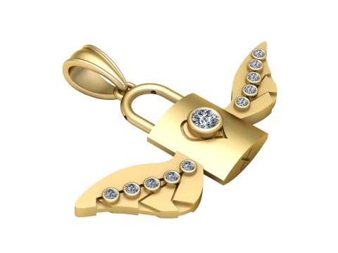 Diamond Winged Lock Pendant Luxury Gold Protection Charm 3D Printable Jewelry Model 3D Print Model