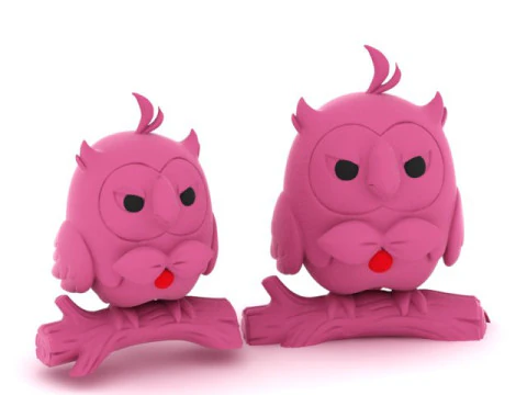 Simpatico gufo arrabbiato sul ramo. Figurina di uccello stilizzato dei cartoni animati Modello di stampa 3D