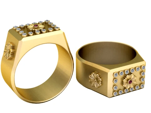 Ruby Floral Diamond Gold Signet Ring 3D Print Model