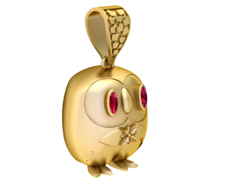 Ruby-Eyed Cute Owl Gold Pendant 3D Print Model