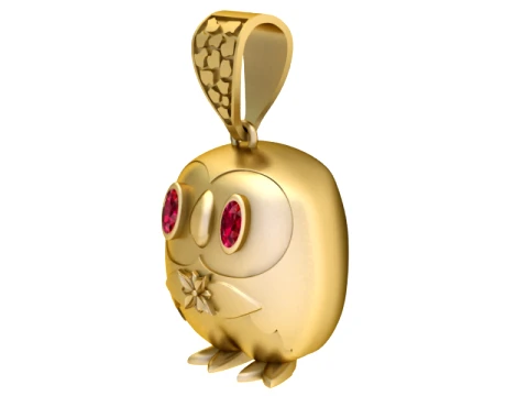 Ruby-Eyed Cute Owl Gold Pendant 3D Print Model