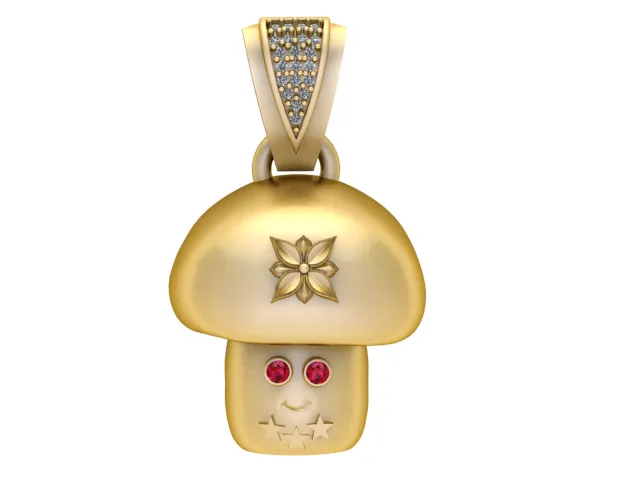 Ruby-Eyed Mushroom Gold Pendant 3D Print Model .c4d .max .obj .3ds .fbx .stl .blend 