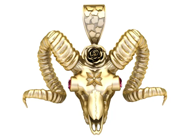 Ruby-Eyed Ram Skull Gold Pendant 3D Print Model .c4d .max .obj .3ds .fbx .stl .blend 
