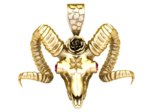 Ruby-Eyed Ram Skull Gold Pendant 3D Baskı Modeli