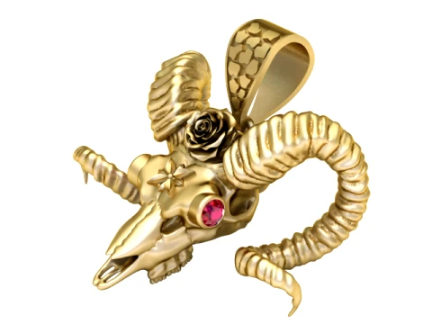 Ruby-Eyed Ram Skull Gold Pendant 3D Print Model