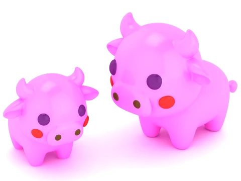 Cute Pink Bull Figurine Set 3Dプリントモデル