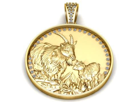 Golden Mountain Goat and Fox Diamond Pendant Model 3D