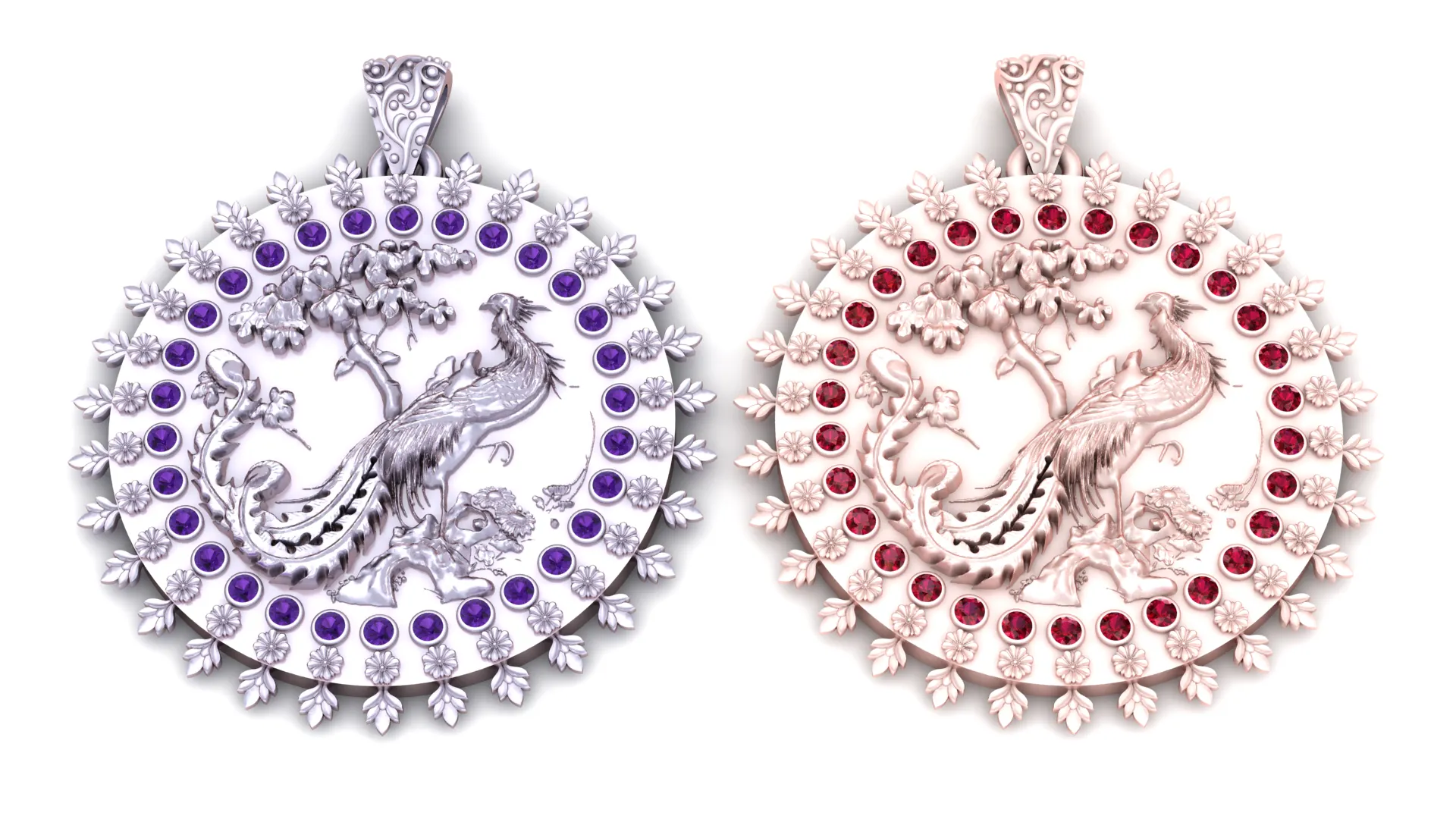 Elegant Phoenix Bird Floral Gemstone Pendant Collection 3D Model .c4d .max .obj .3ds .fbx .stl .blend