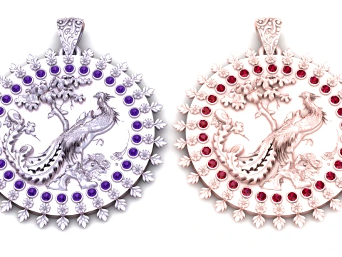 Elegant Phoenix Bird Floral Gemstone Pendant Collection Model 3D