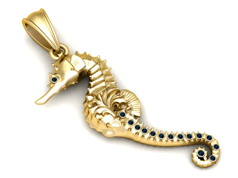 Elegant Golden Seahorse Blue Gemstone Pendant 3D Model