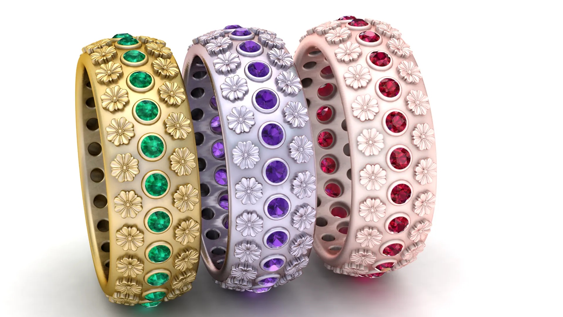 Elegant Floral Gemstone Bangle Jewelry Collection 3D Model .c4d .max .obj .3ds .fbx .stl .blend 