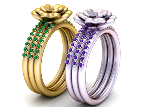 Elegant Floral Gemstone Double Ring Collection 3D Model