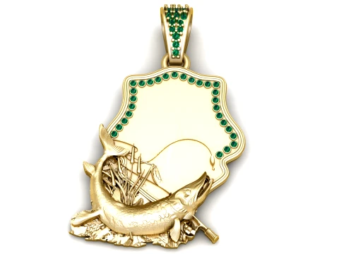 Elegant Golden Fishing Scene Emerald Pendant Design 3D Model
