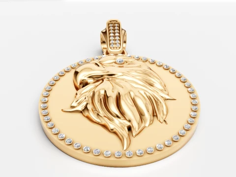 Luxury Gold Eagle Head Medallion Pendant with Diamonds 3D Model