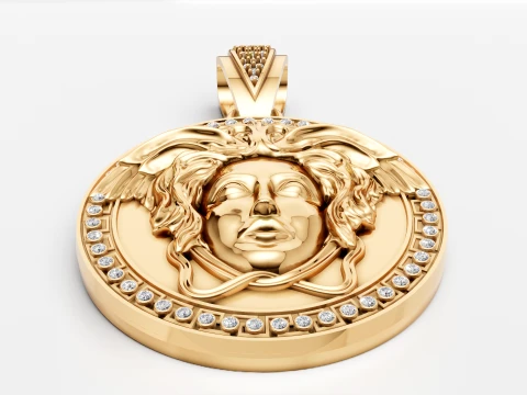 Luxury Gold Medusa Head Medallion Pendant with Diamonds 3D Model