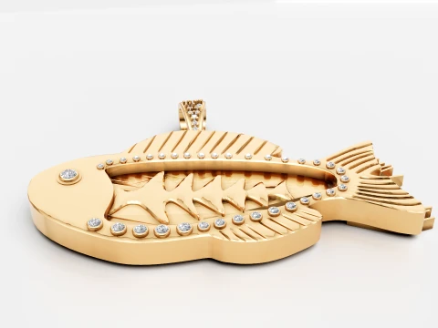 Luxury Gold Fish Skeleton Pendant with Diamond Detailing 3D Model