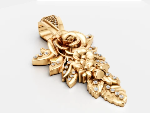 Luxury Gold Rose Flower Pendant with Diamond Detailing 3D Model