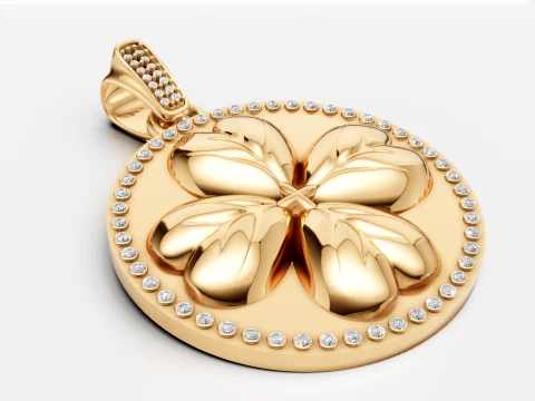 Luxury Gold Four-Leaf Clover Pendant with Diamond Border 3D Model