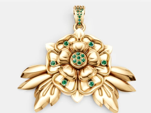 Luxury Gold Floral Pendant with Emerald Gemstones 3D Model